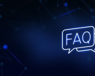 Dark blue background with neon sign of the acronym for frequently asked questions